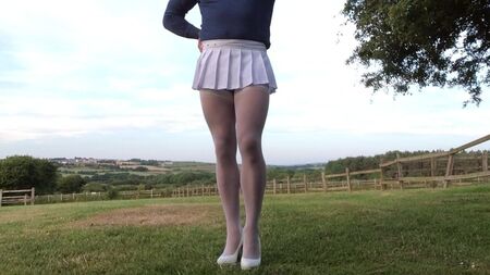 Outdoor public white stockings and suspenders 